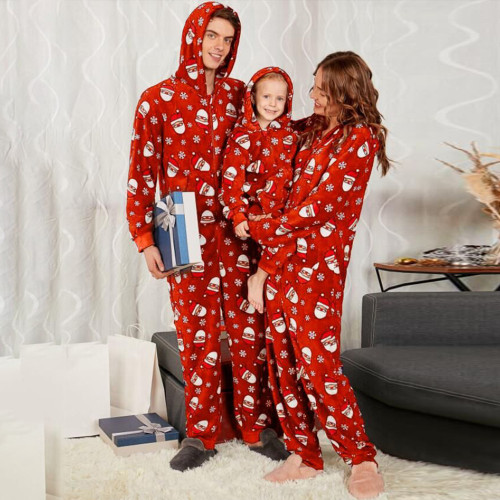 Christmas Santa Patterned Hooded Family Matching Onesies Pajamas(RED)