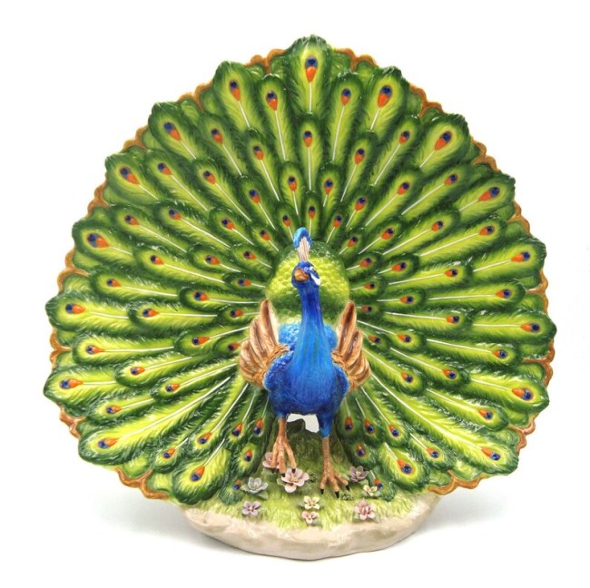 Handpainted porcelain peacock with tail open statue