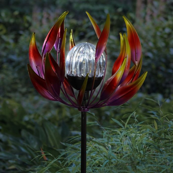 Solar Metal Spinning Flower Stake with LED Ball, 10 by 42 Inches - Red
