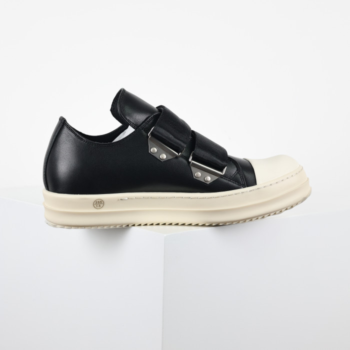 R!ck Owens Low Strap Sneaks in black leather with a white toe cap and sole