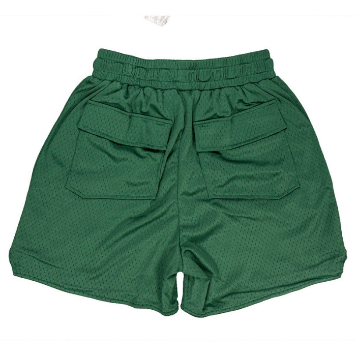 RHUDE Mesh & Faux Leather Panel Embroidered Letter Shorts