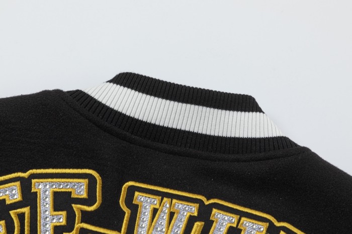Off-White 2024 Fall/Winter new heavy embroidery rhinestone patchwork leather varsity jacket in black, unisex
