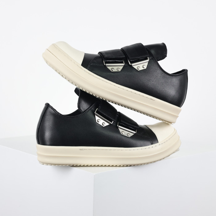 R!ck Owens Low Strap Sneaks in black leather with a white toe cap and sole
