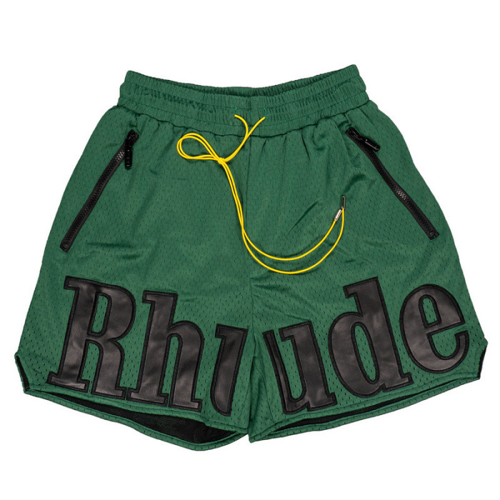 RHUDE Mesh & Faux Leather Panel Embroidered Letter Shorts