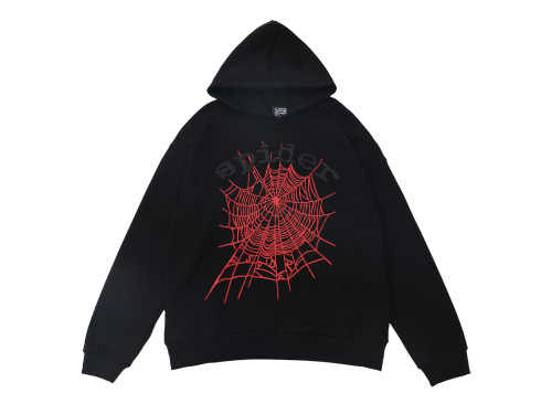 Sp5der BlackLetters Red Cobweb Black Hoodie