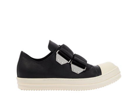 R!ck Owens Low Strap Sneaks in black leather with a white toe cap and sole