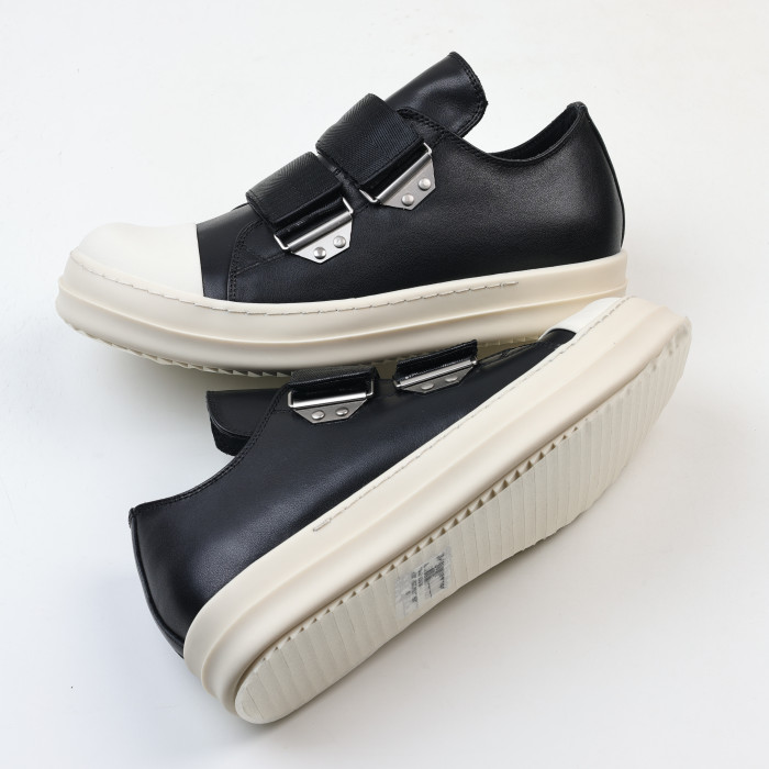 R!ck Owens Low Strap Sneaks in black leather with a white toe cap and sole