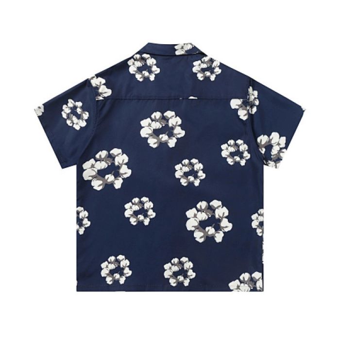 Denim Tears White Cotton Wreath Short-Sleeve Shirt Navy