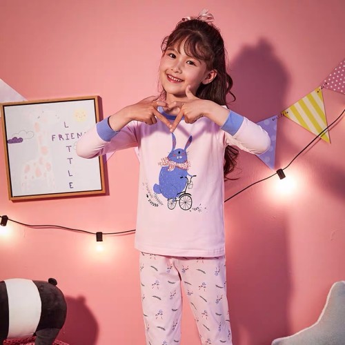 Wholesale Winter Pink Organic Cotton Ribbed Bamboo Cartoon Kids Pajama Girls' Sleepwear Kids Pyjamas Set