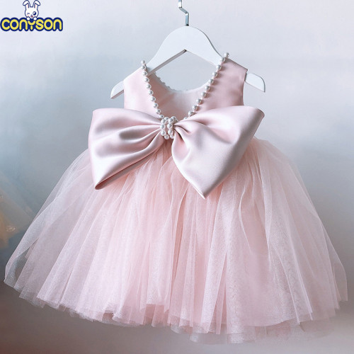 Conyson Kids Gown Birthday Pageant Party Pearls  With Big Bowknot Formal Tulle Skirt Piano Show Even Girls Baby Princess Dress