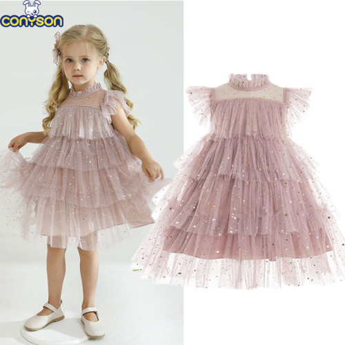 Conyson Korean Ruffle Short Sleeves Kids Summer Sweet Skirt Colorful Princess Lace Tulle Baby Girls Dress 3-12 Years