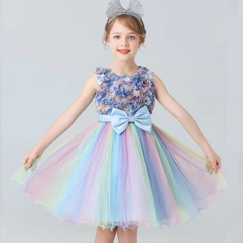 Conyson Wholesale Princess Kids Girls Party Dress 3 Colors Lace Flowers Sleeveless Sequined Big Bow Tutu Sundress Layered Skirt