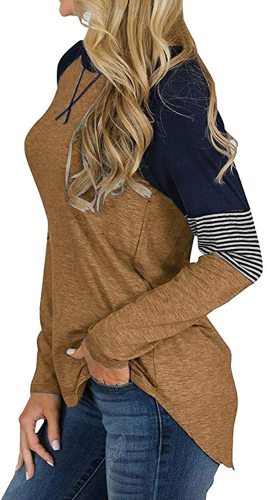 Women's Color Block Tunic Tops Long Raglan Sleeve Striped Shirts Round Neck Pullover T Shirt