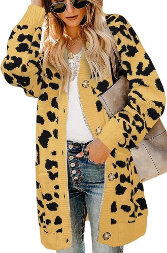 Women's Long Sleeves Open Front Leopard Print Knitted Sweater Cardigan Coat Outwear with Pockets