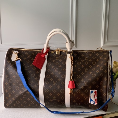 L*V Virgil Abloh takes the Basketball Keepall 55 travel bag from the brand's archives to the basketball court, rendering the NBA's iconic colors and lines for a classic design