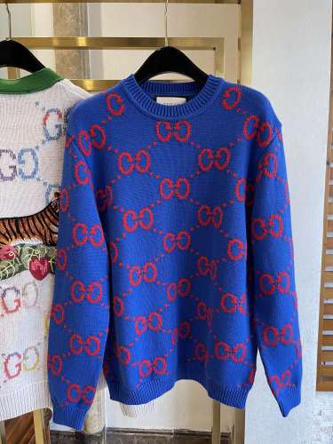 𝐆*𝐮𝐜𝐜𝐢 red and blue GG jacquard pullover knitting