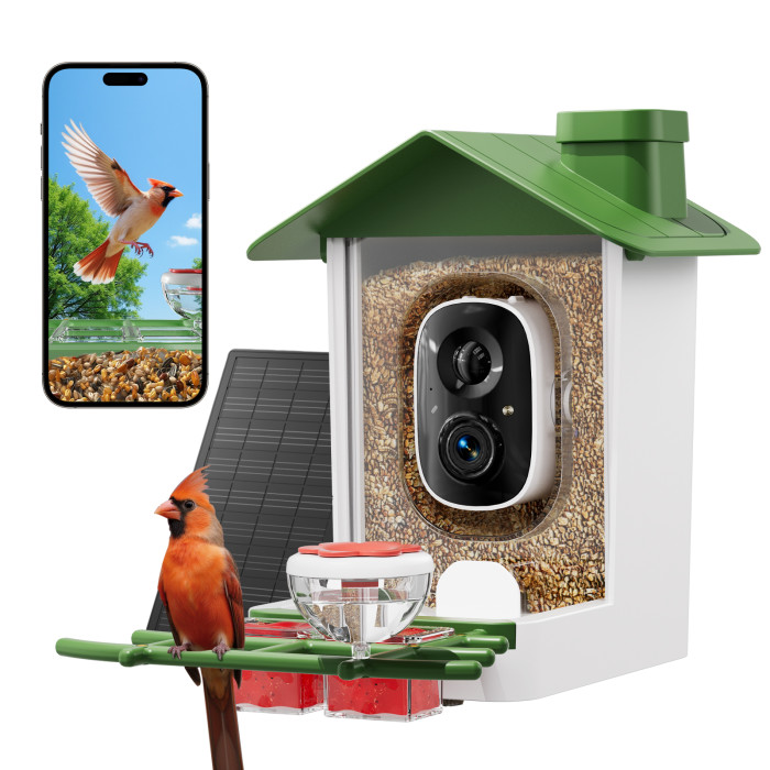 Bird Feeder with Camera, 2K HD Smart Birds Feeder with Solar Panel, AI Bird-Recognition, Instant Motion Alerts, Auto Capture BirdVideos, Outdoor Birdhouse Feeder Gift for Bird Lovers