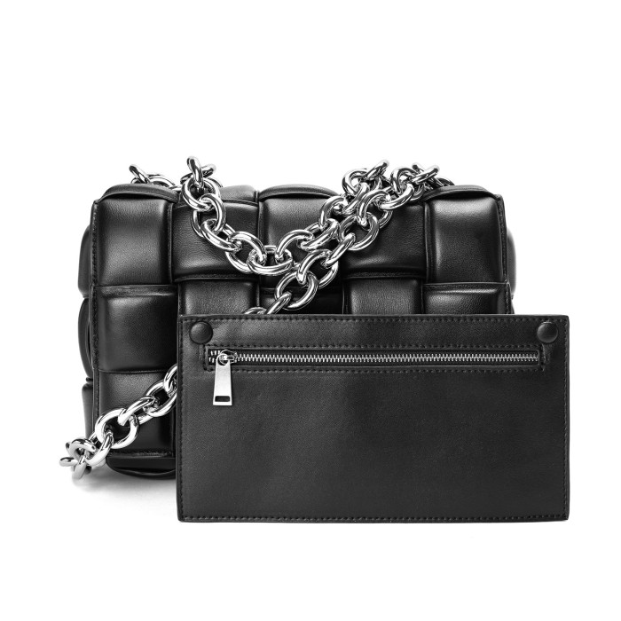 Real Lambskin Leather Woven Chain Bag