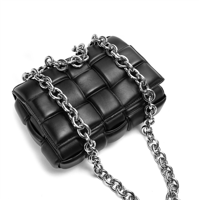 Real Lambskin Leather Woven Chain Bag