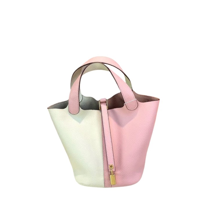 Genuine Togo Calfskin Leather Bucket Bag Designer Picotin Tote Bag with A Leather Horse Keychain 1 Sillk Scarf