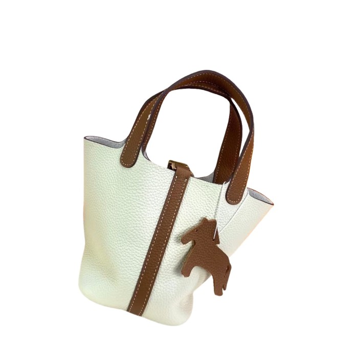 Genuine Togo Calfskin Leather Bucket Bag Designer Picotin Tote Bag with A Leather Horse Keychain 1 Sillk Scarf