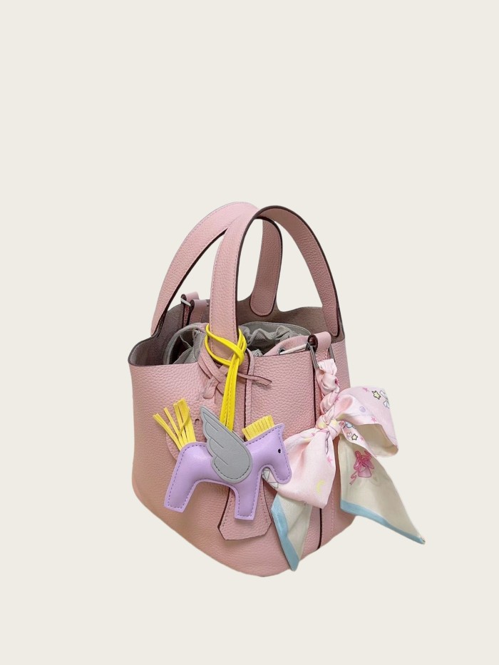 Vegan Togo Leather Picotin Designer Bag with 1 Horse Keychain 1 Silver Scarf