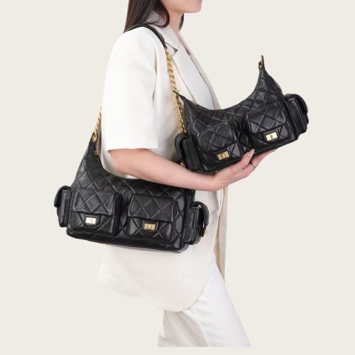Genuine Leather Plaid Hobo Bag