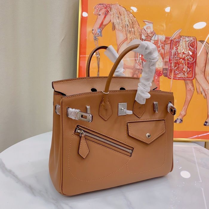 25cm Genuine Swift Leather Top Handle Bag with Pocket