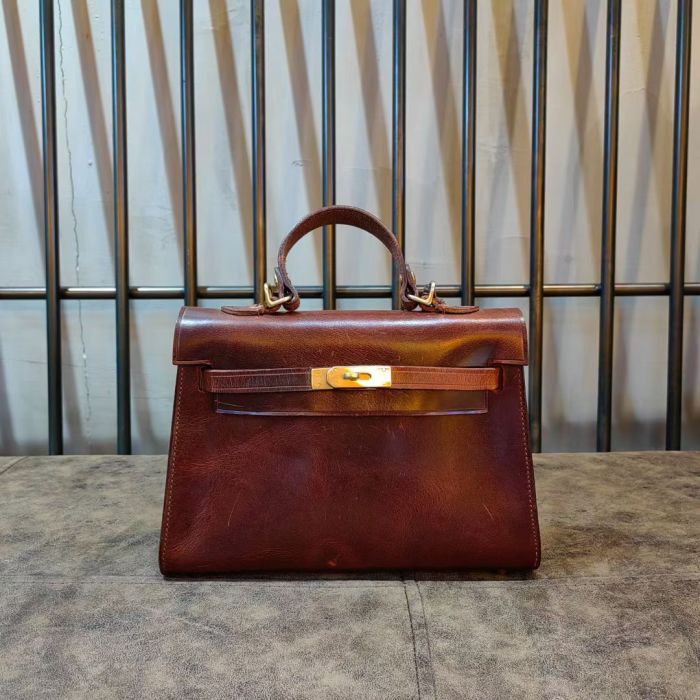 Handmade Italian Veg-Tan Leather Kelly-Style Bag