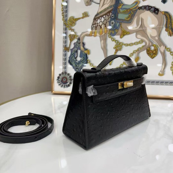22CM Ostrich-Embossed Top-Grain Calfskin Leather Bag