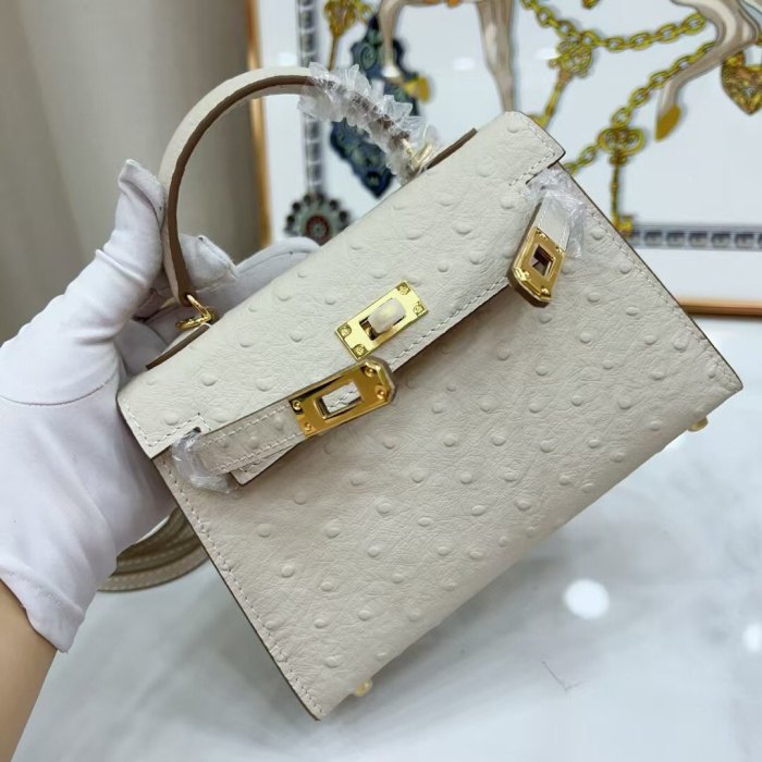 Mini Ostrich-Embossed Top-Grain Calfskin Leather Bag