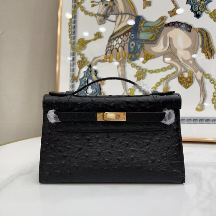 22CM Ostrich-Embossed Top-Grain Calfskin Leather Bag