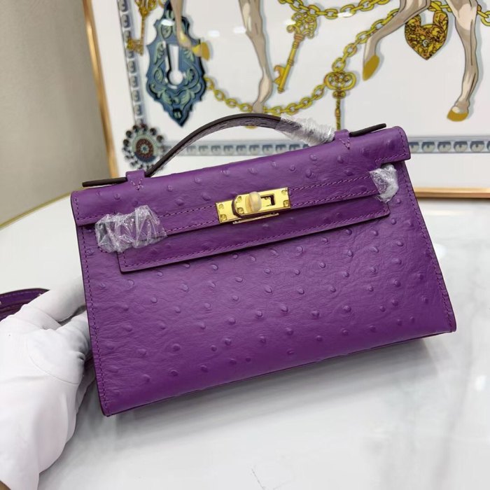 22CM Ostrich-Embossed Top-Grain Calfskin Leather Bag