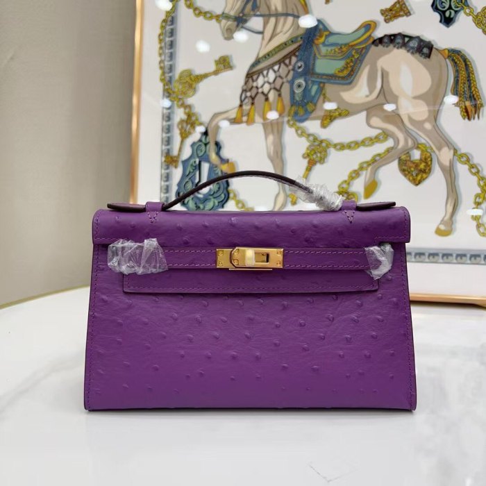 22CM Ostrich-Embossed Top-Grain Calfskin Leather Bag