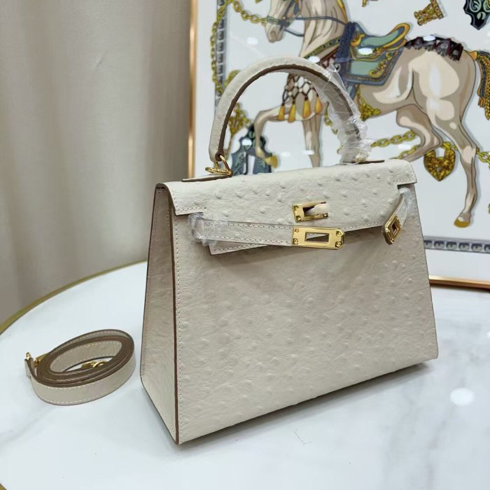 25cm Ostrich-Embossed Top-Grain Calfskin Leather Bag