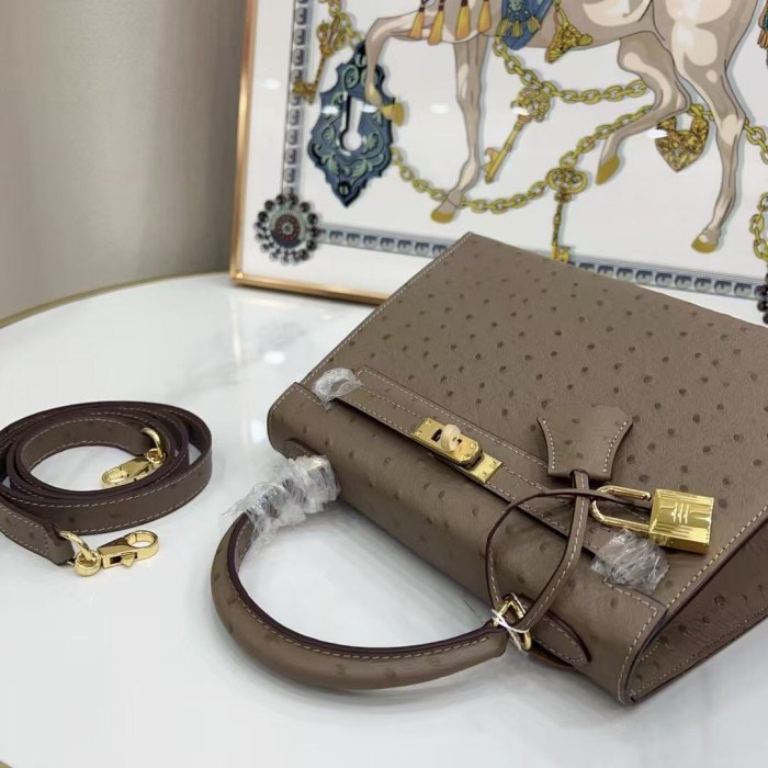 25cm Ostrich-Embossed Top-Grain Calfskin Leather Bag