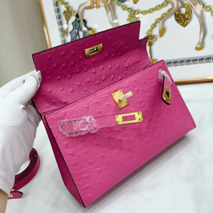 22CM Ostrich-Embossed Top-Grain Calfskin Leather Bag