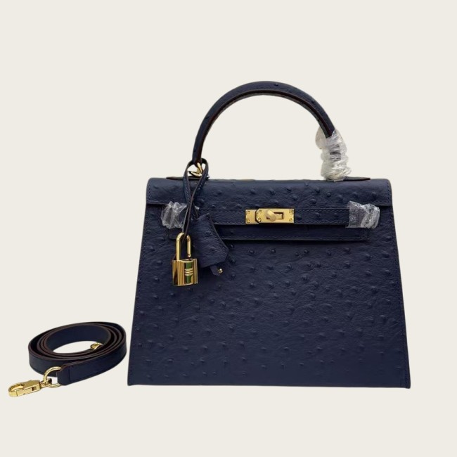 25cm Ostrich-Embossed Top-Grain Calfskin Leather Bag