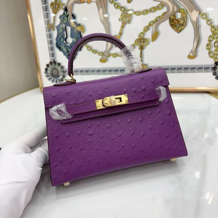 Mini Ostrich-Embossed Top-Grain Calfskin Leather Bag