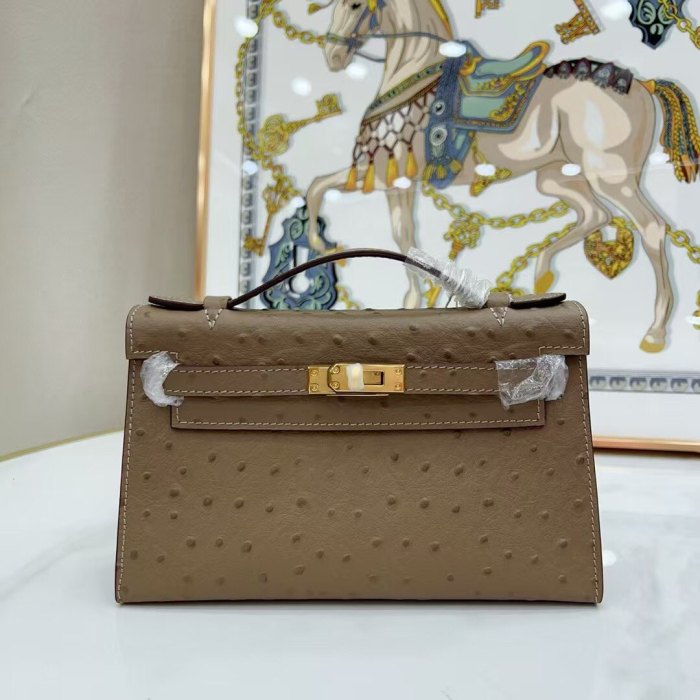 22CM Ostrich-Embossed Top-Grain Calfskin Leather Bag