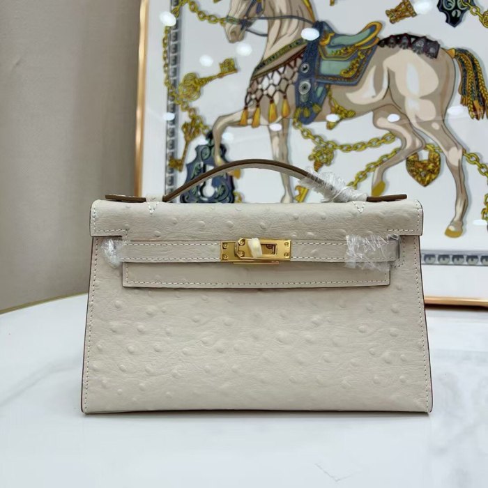 22CM Ostrich-Embossed Top-Grain Calfskin Leather Bag