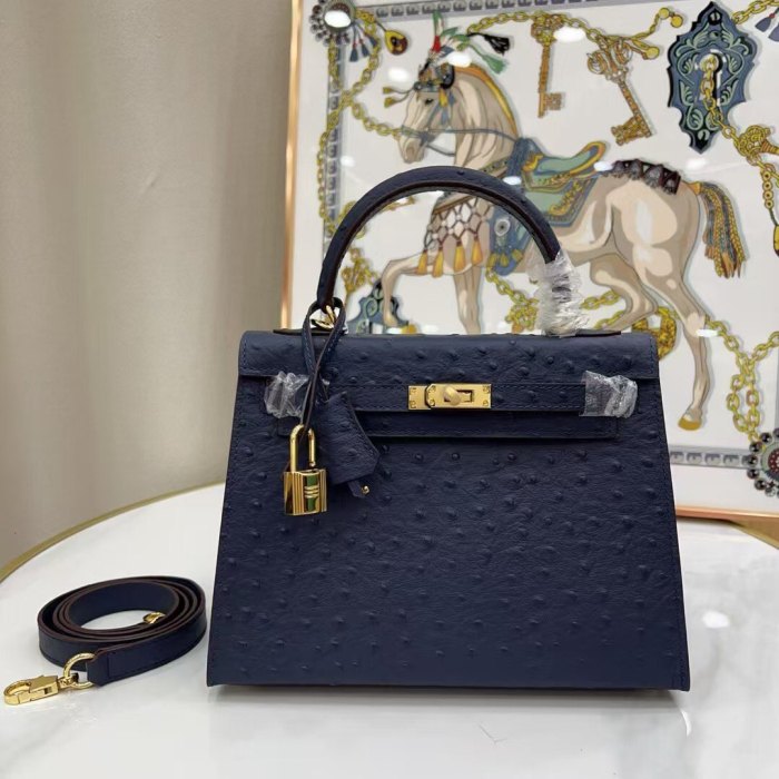 25cm Ostrich-Embossed Top-Grain Calfskin Leather Bag
