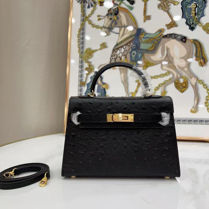 Mini Ostrich-Embossed Top-Grain Calfskin Leather Bag