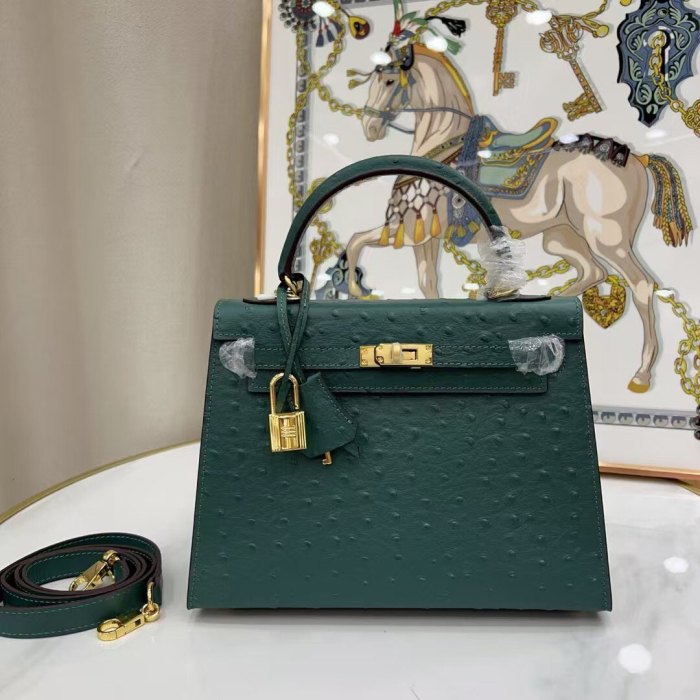 25cm Ostrich-Embossed Top-Grain Calfskin Leather Bag