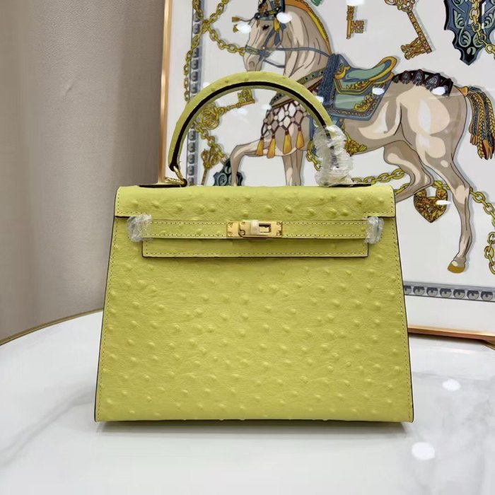25cm Ostrich-Embossed Top-Grain Calfskin Leather Bag