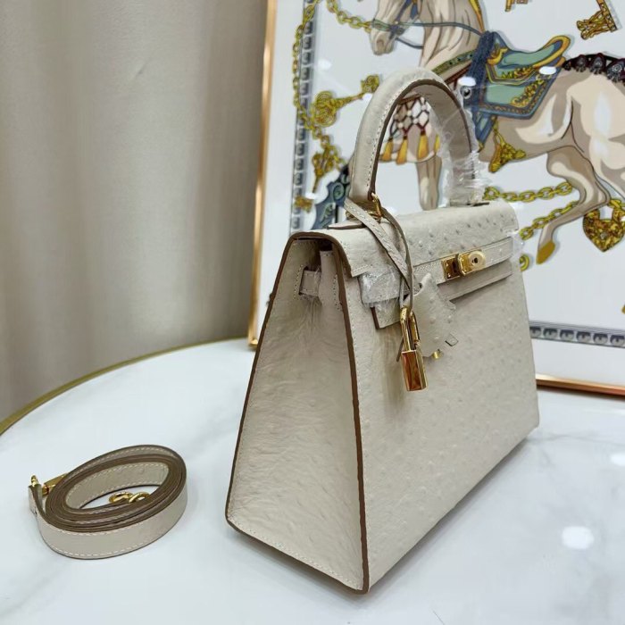 25cm Ostrich-Embossed Top-Grain Calfskin Leather Bag