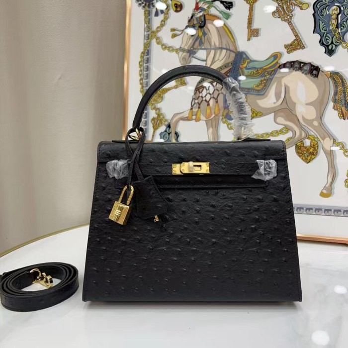25cm Ostrich-Embossed Top-Grain Calfskin Leather Bag