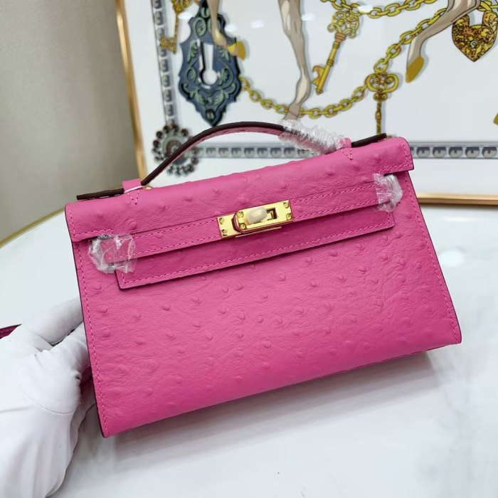 22CM Ostrich-Embossed Top-Grain Calfskin Leather Bag