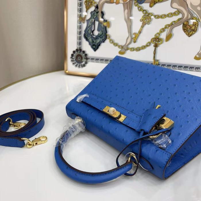 25cm Ostrich-Embossed Top-Grain Calfskin Leather Bag