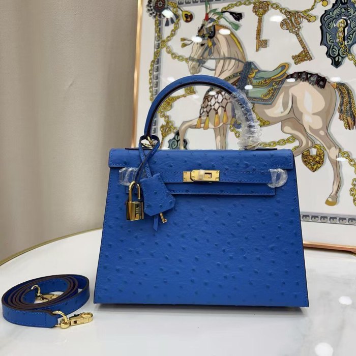 25cm Ostrich-Embossed Top-Grain Calfskin Leather Bag